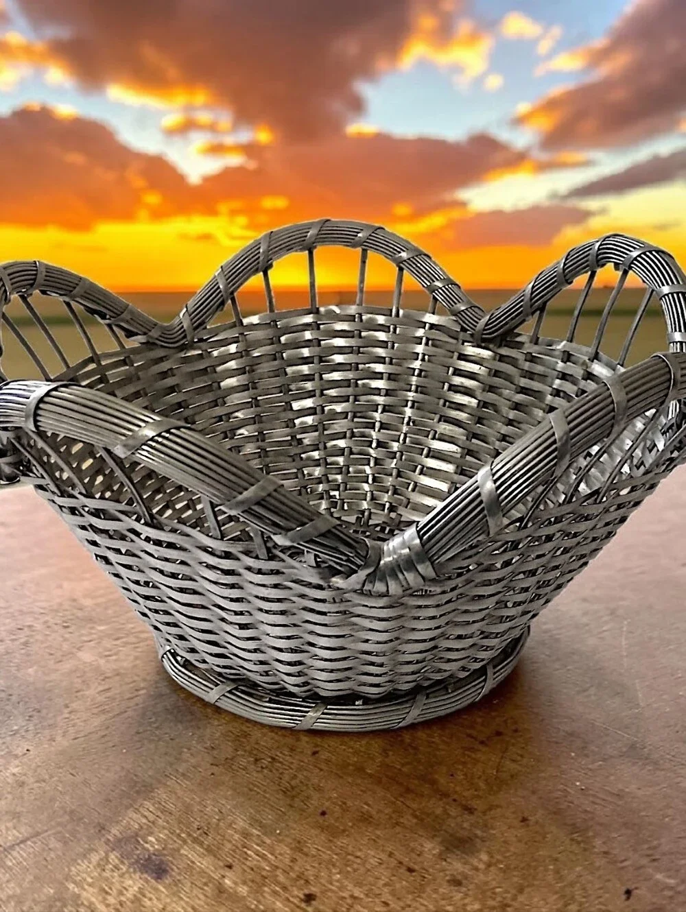 French Woven Wire Basket Vintage Silver Tone Scalloped Edge Farmhouse Country